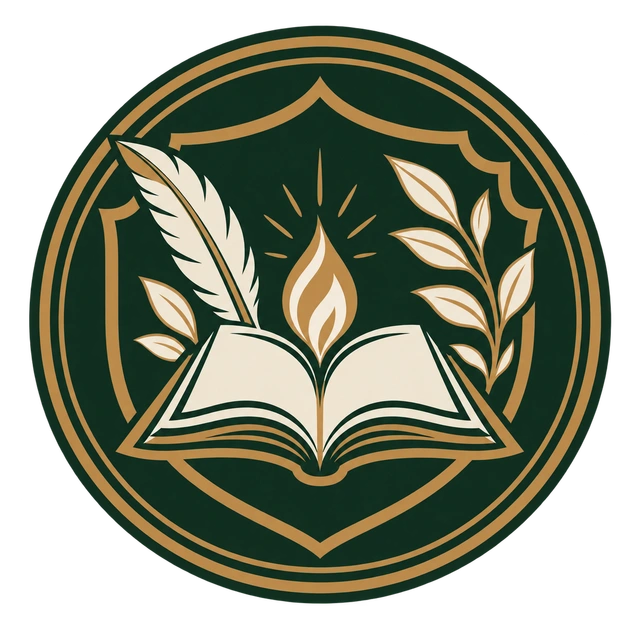 Jim Butcher Studio crest: an open book, flame, quill and leafy sprig within a forest-green and gold shield and circle