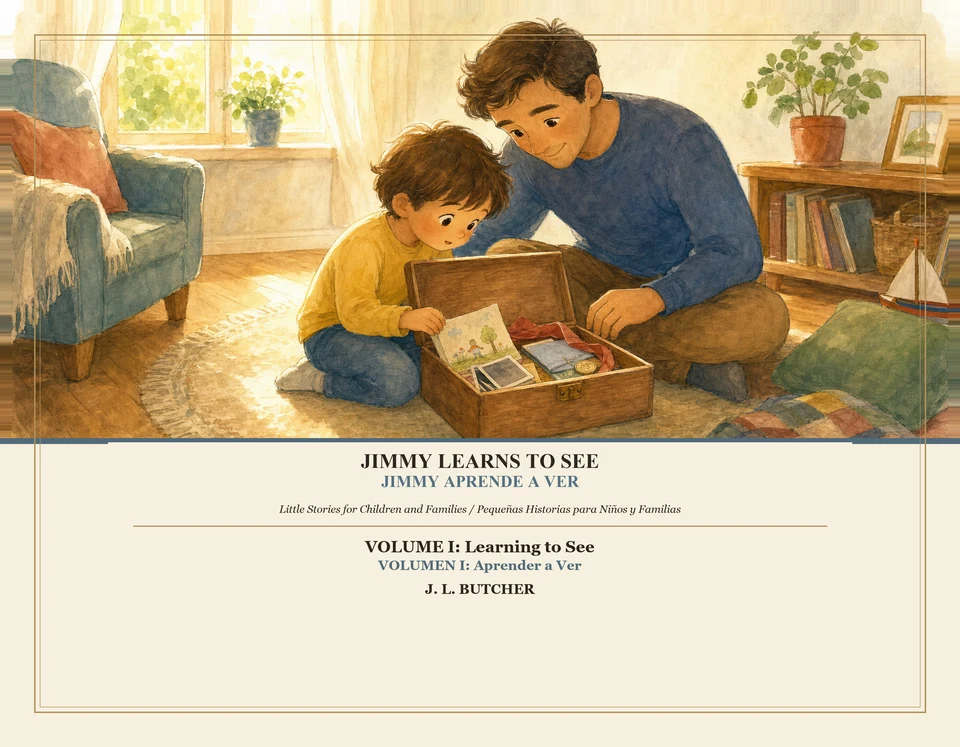 Draft bilingual Jimmy Learns to See cover with an illustrated father and child looking through a memory chest