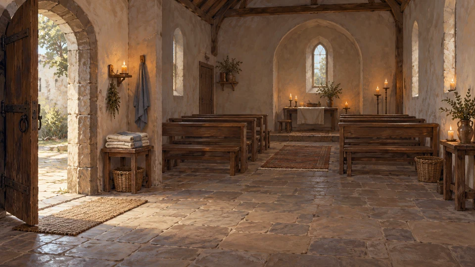 Painted candlelit stone chapel with wooden benches and an open door