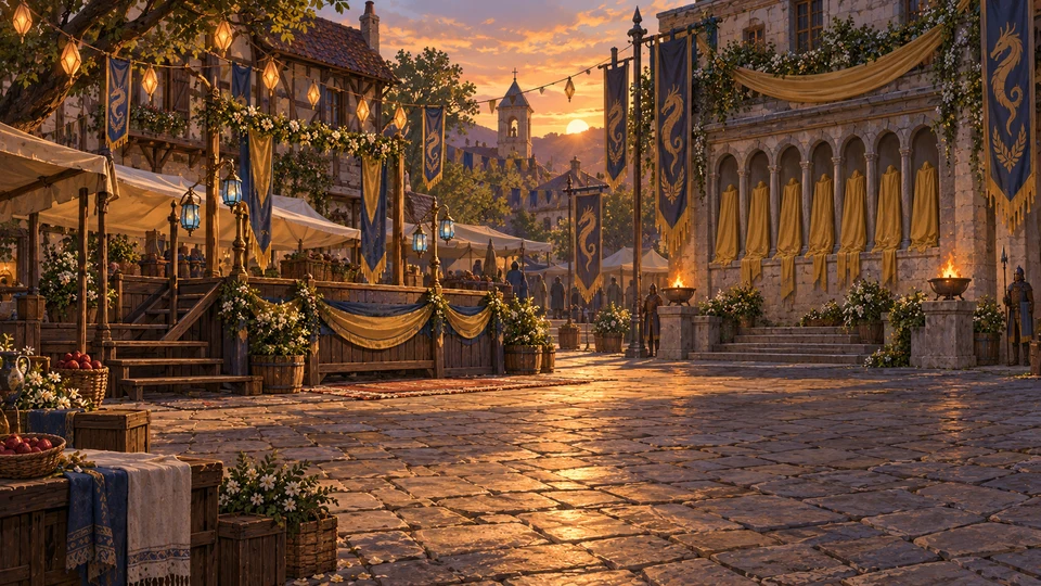 Painted fantasy town square with lanterns and blue-and-gold banners at sunset
