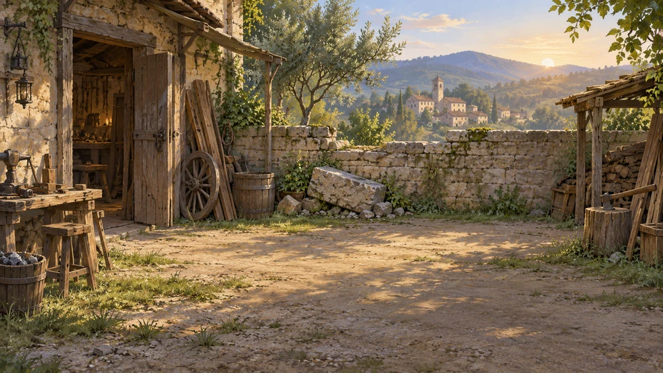 Painted stone workshop yard overlooking a sunlit village and distant hills