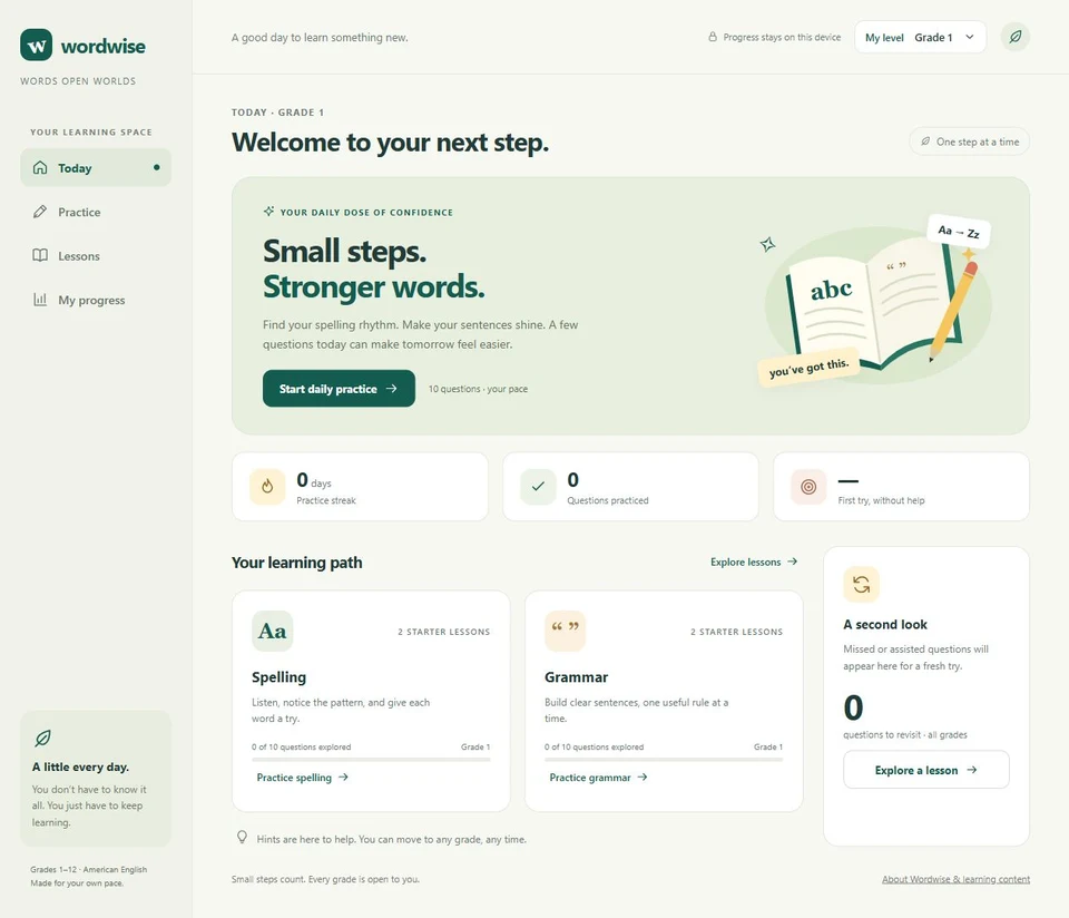 Wordwise learning prototype showing spelling, grammar and a daily practice dashboard