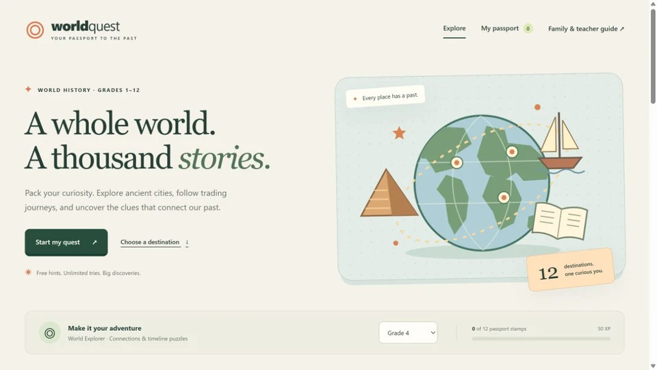 World History Quest prototype with an illustrated globe and twelve history destinations