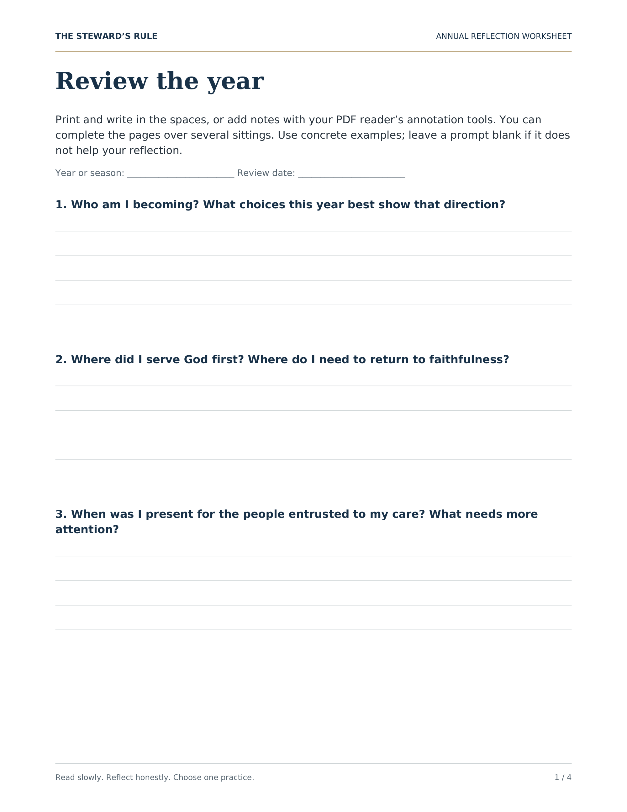 Preview page of the annual reflection worksheet included with The Steward's Rule